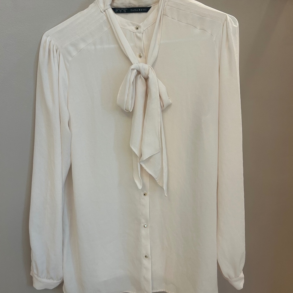 Zara Ivory Tie Neck Blouse With Tie Neck Small